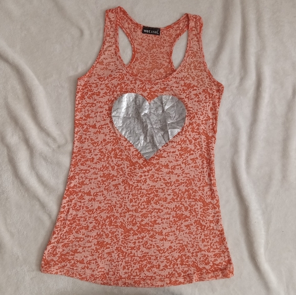 5 for $10 Wet Seal Orange/White Sheer Silver Heart Tank size small - Picture 1 of 3